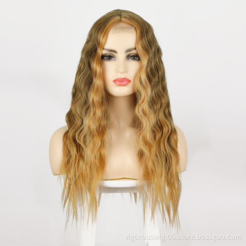 Vigorous Long Body Wave Futura Color Brown Wig Blonde Highlight Synthetic Lace Wig Heat Resistant Futura Wig for Black Wome